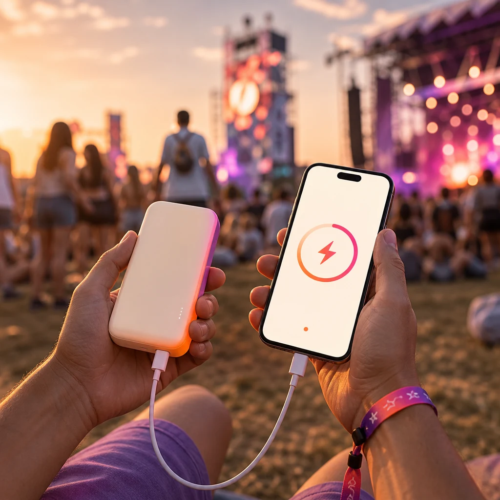 Batterie externe qui recharge un smartphone en festival