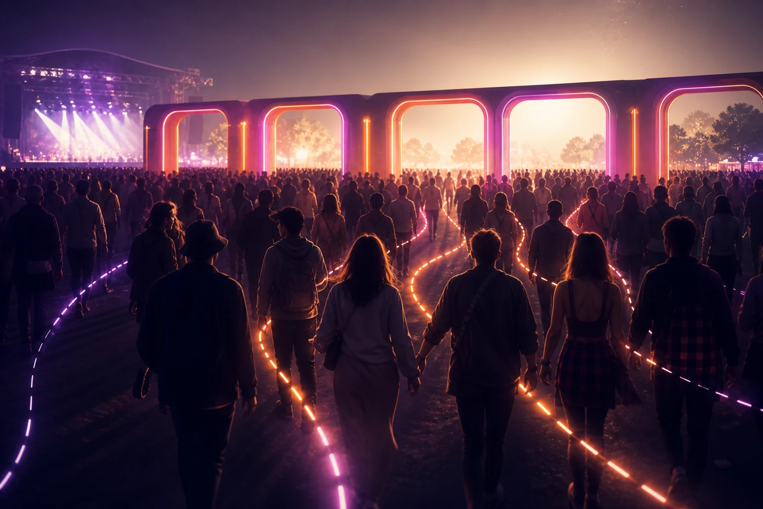 Foule qui sort d'un festival de nuit vers les sorties éclairées