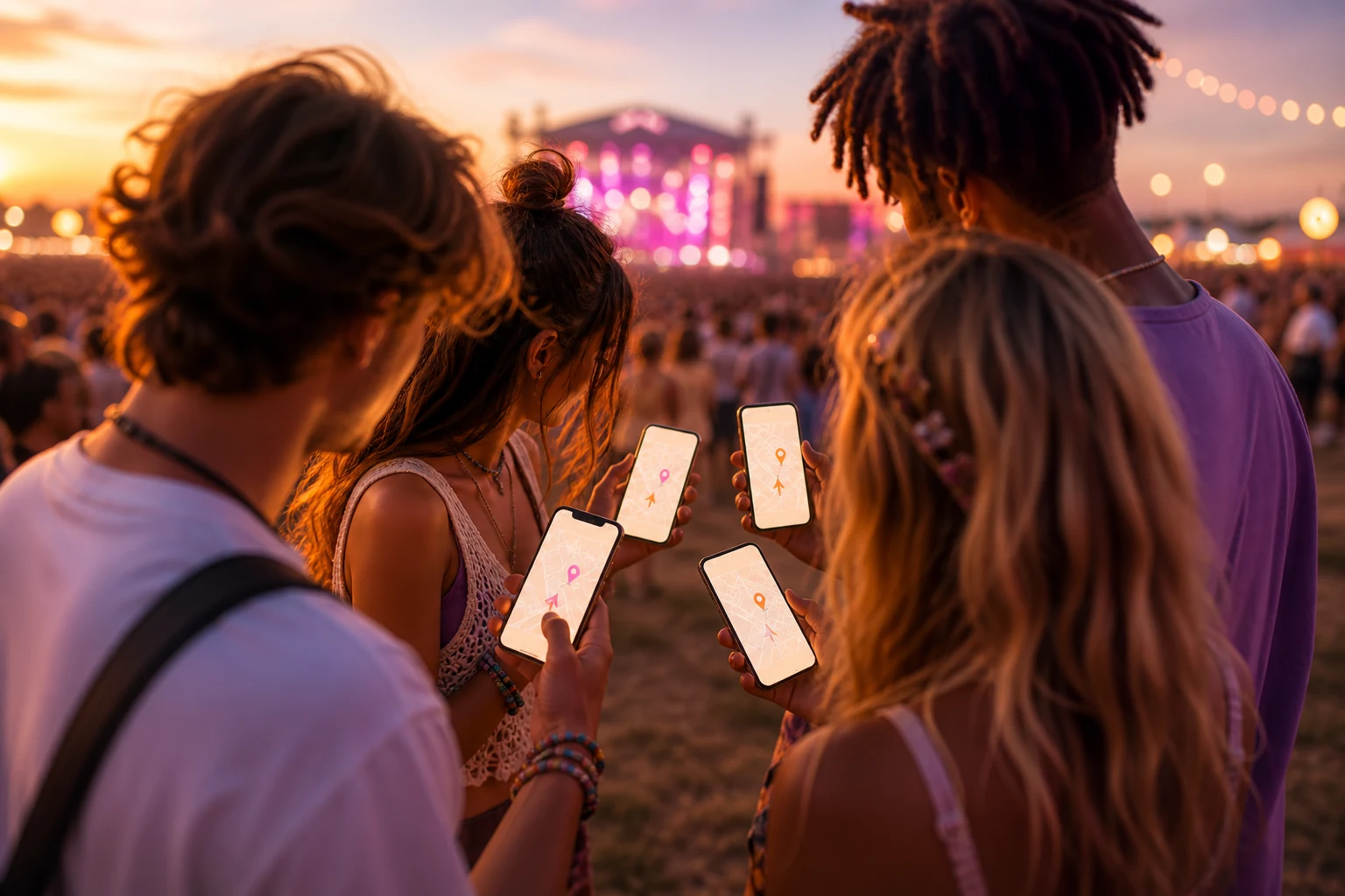 Groupe d'amis qui consultent le partage de position sur leurs téléphones en festival