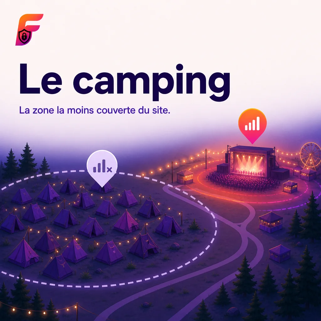 Groupe d'amis consultant le partage de position Flarrity au camping d'un festival