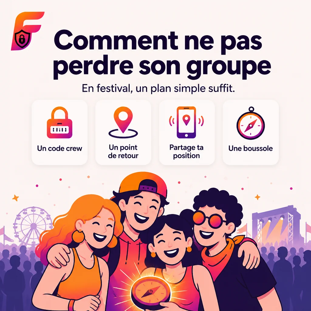 Groupe d'amis en festival cherchant à rester ensemble dans la foule