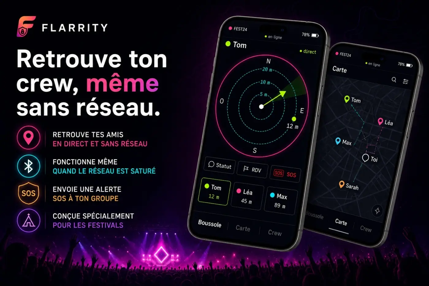 Un festivalier ouvre Flarrity : une boussole pointe vers ses amis